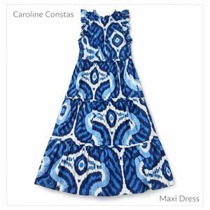Caroline Constas Maxi Dress Blue Ikat Cotton Size L Tribal Tiered Boho Chic